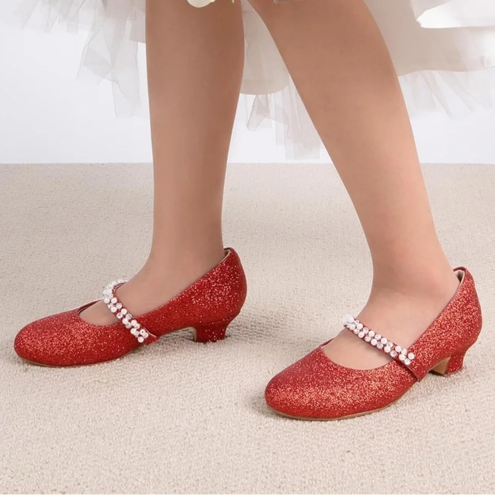NIB Mary Jane GIRLS SZ 1 RED GLITTER DRESS Shoes LOW HEEL w/Pearls & Rhinestones